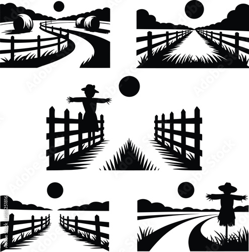 Rural Farm Landscape Silhouettes with Fences Scarecrows and Sun Keywords: farm, landscape, silhouette, fence, scarecrow, sun, rural, countryside, agriculture, field, grass