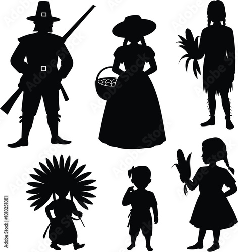 Silhouette Collection of Pilgrim and Native American Figures for Thanksgiving people