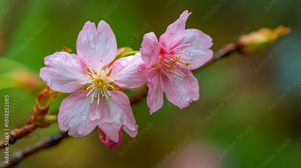 Obraz premium Delicate pink cherry blossoms bloom on a branch in spring