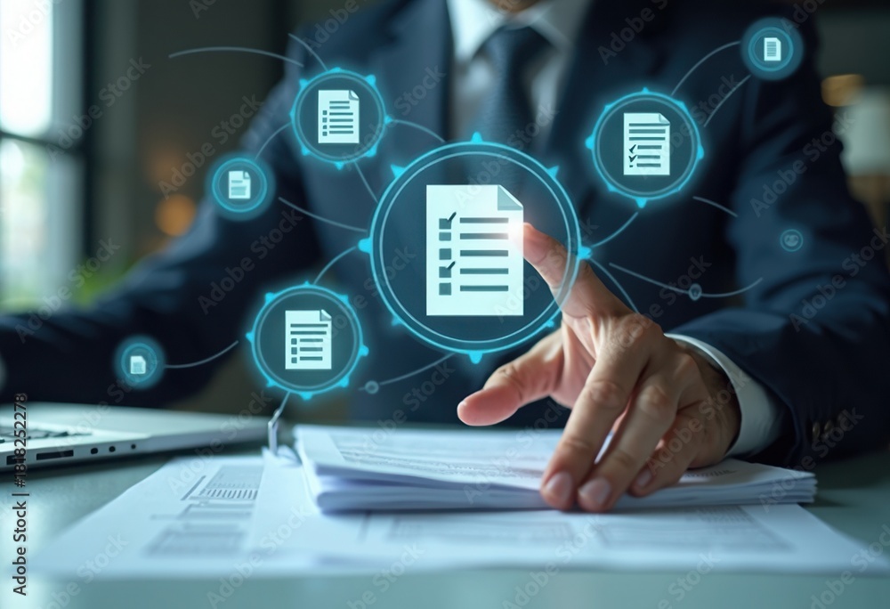 Fototapeta premium Businessman Analyzing Digital Documents with Interactive Icons in Modern Office Setting