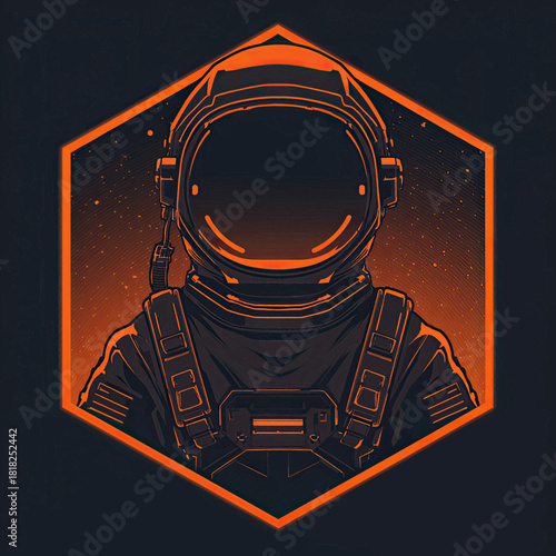 Orange outlined astronaut in a space suit and helmet, dark background, hexagon shape