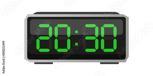 Digital alarm clock. Twenty thirty time. Time 20 30. Green numbers vector. Electronic LED display.