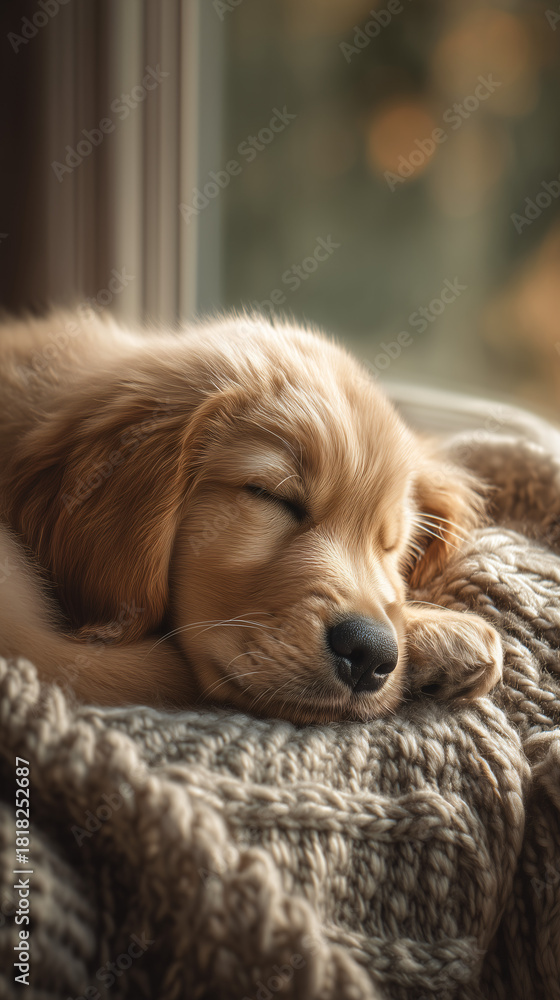 Obraz premium A golden retriever puppy sleeping peacefully on a cozy knitted blanket by a sunlit window, soft morning light streaming through, dreamy bokeh effect, warm color palette