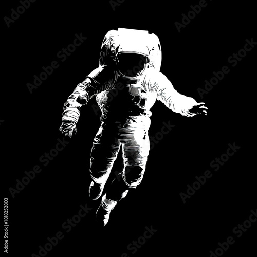 High contrast black and white illustration of an astronaut floating in dark space