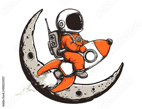 A cute astronaut riding an orange rocket ship around a cratered crescent moon
