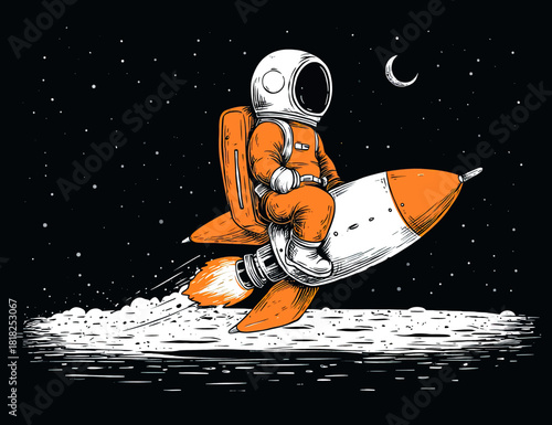 Orange suited astronaut rides rocket over moon surface under a crescent moon