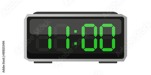 Digital alarm clock. Eleven hours time. Time 11 00. Green numbers vector.