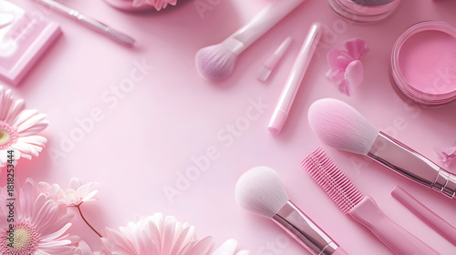 Pink makeup brushes and cosmetic products arranged with delicate flowers on a soft background, perfect for beauty concepts