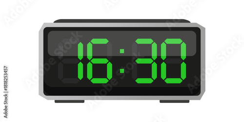 Digital alarm clock. Sixteen thirty time. Time 16 30. Green numbers vector.