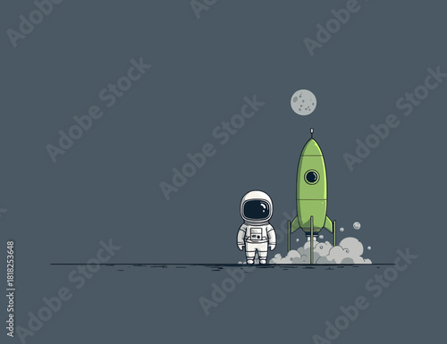 Minimalist illustration of an astronaut next to a green rocket on a moon-like surface
