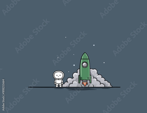Cute astronaut character watching a green rocket launching into a starry sky