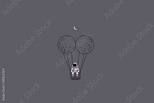 Minimalist illustration of an astronaut floating with moon balloons and a crescent