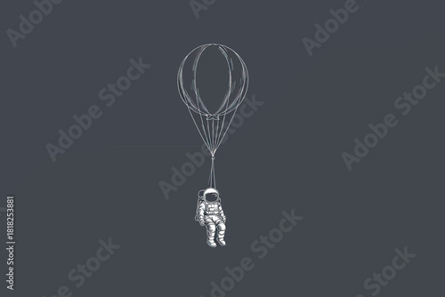 Astronaut illustration in white outline floats attached to a spherical balloon