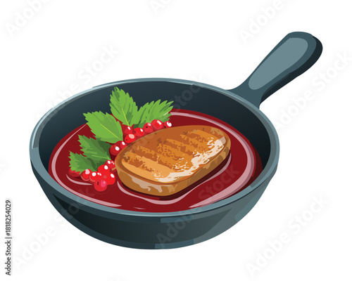 Pan-Seared Savory Duck Breast resting in a Cast Iron Skillet with a Reduction of Cranberry Sauce and Fresh Rosemary for a Fine Dining Entrée - Vector Illustration