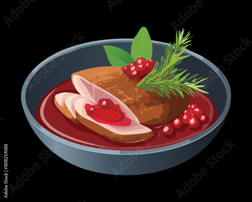Elegant Plated Duck Breast served with a Dark Rich Cranberry Sauce and Fresh Rosemary Sprigs for a Festive Gourmet Dinner - Vector Illustration
