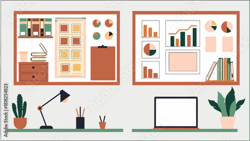 Illustration of a workspace with charts, graphs, a laptop, and office supplies on two shelves scene