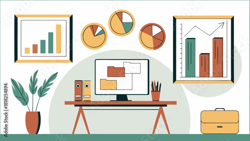 Illustration of a workspace with charts, computer, desk, plant and briefcase in a modern style