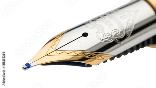 Wallpaper Mural Close-up of a fountain pen nib with ornate engravings, gold trim, and blue ink Torontodigital.ca