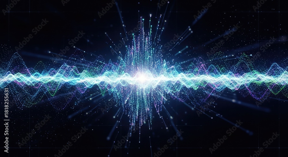 Fototapeta premium Vibrant energy waves with glowing particles create a dynamic digital soundscape perfect for tech, music, or science projects with a modern and futuristic feel