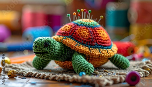 Crocheted turtle pincushion, bright colors and pins on its shell, rests on rough fabric