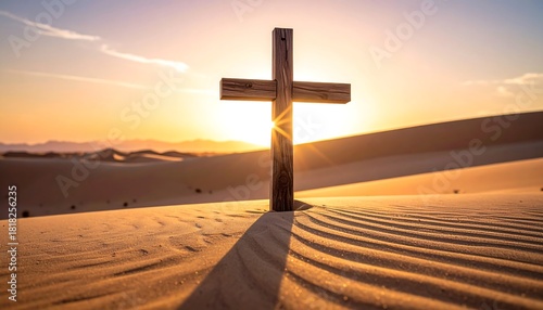 Cross on sand dunes during sunset with a warm glow and long shadows cast across textured terrain