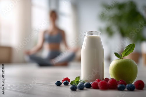 A bright room, with a bottle of yogurt on a small white table in the foreground, a green apple with a leaf, and several raspberries and blueberries nearby