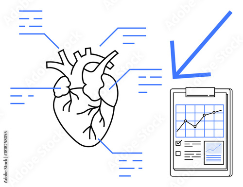 Anatomical heart drawing with labeled parts connected to a clipboard displaying medical data, graphs, and notes. Ideal for medical research, healthcare, cardiology, analysis, data-driven healthcare