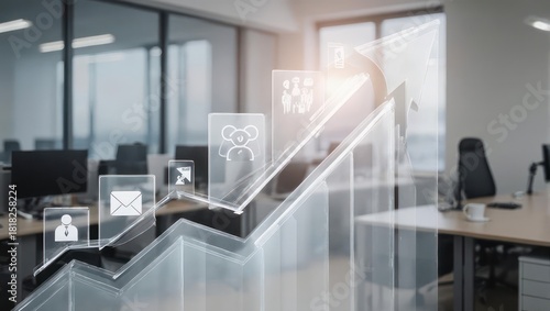 Modern office interior with overlaid digital growth chart and user icons, suggesting progress