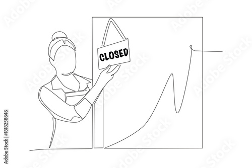 Cafe employees who change the open sign to closed. Employee flip close sign concept one-line drawing