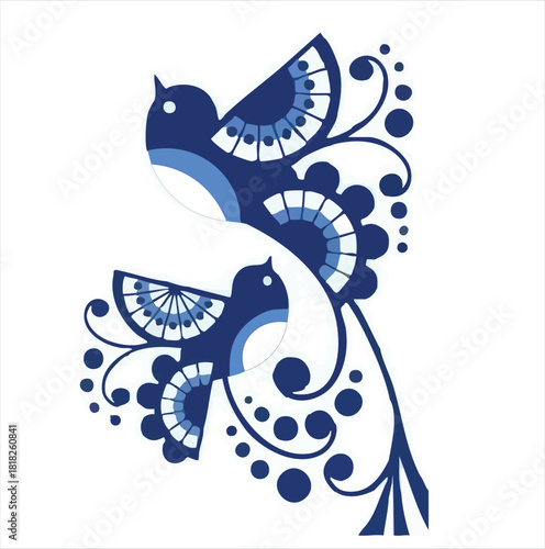 Decorative Blue Folk Art Birds Ornament Vector Illustrtion