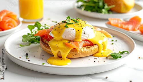 Eggs Benedict with salmon and hollandaise on bagel, garnished with greens, on white marble background