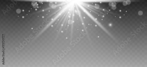 Intense white energy burst with radiating light beams and floating sparkle particles on a transparent background, high-contrast lens flare effect