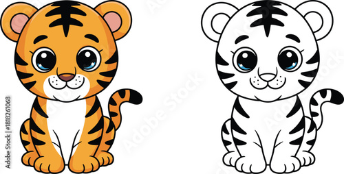 Cute cartoon tiger illustration with color and black-and-white versions, adorable baby animal art for kids coloring pages, nursery designs, playful artwork