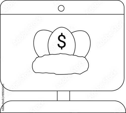 A computer monitor displays a nest with eggs one marked with a dollar sign