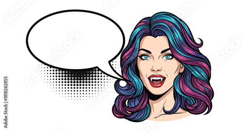 Pop art illustration of a beautiful smiling vampire woman with colorful hair and a blank comic speech bubble for your own text.