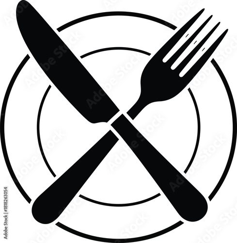 Black silhouette icon of a plate with crossed knife and fork dish cutlery