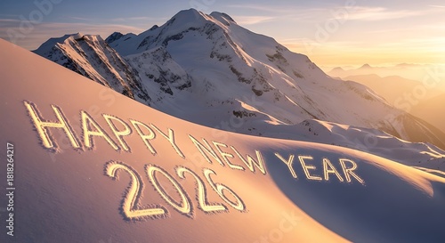 Happy New Year 2026 Written in Snow on Mountain Slope