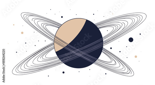 A modern and minimalist abstract illustration of a dark planet with intricate white rings against a background of distant stars.