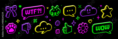 Pixel 3d isometric icon and sticker set. Y2k cyberpunk trendy vector illustration of heart cursor hand flower speech bubble in neon colors. 8 bit retro game style. Social media and chat elements.