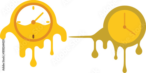 Abstract surreal clock melting into flowing honey, dripping golden liquid, isolated on white background, creative time concept, unique artistic illustration, modern imaginative design element
