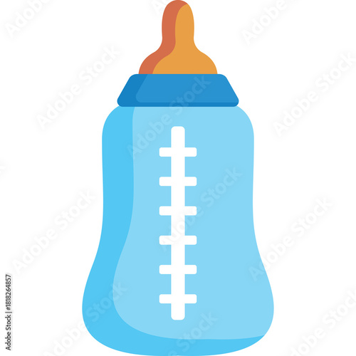 A light blue baby bottle with measurement markings and an orange nipple is depicted against a transparent background, ideal for infant care and feeding graphics