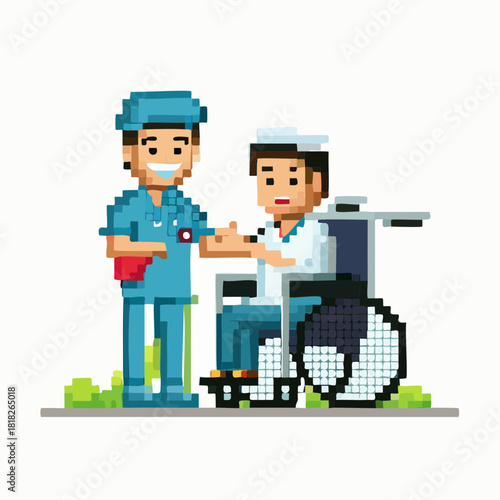 Pixel art illustration of a smiling healthcare worker providing comfort and support to a patient in a wheelchair.