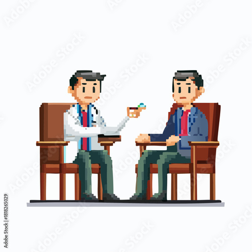 Pixel art illustration depicting a doctor providing medication and advice to a patient during a medical consultation.
