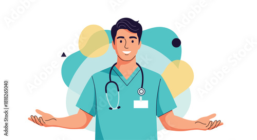 A friendly and welcoming male doctor in green scrubs with a stethoscope around his neck smiling with his arms open wide.