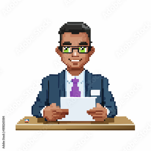 Pixel art illustration of a smiling male news anchor or businessman wearing a suit and glasses, sitting at a desk and holding a document.