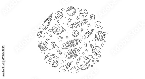 A circular arrangement of various space-themed doodles and icons including planets galaxies stars and a telescope in line art.