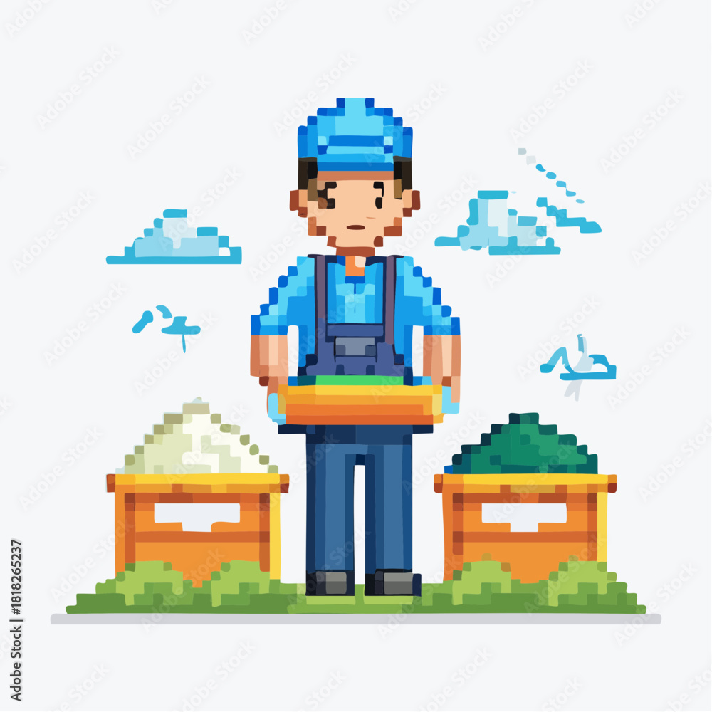 Naklejka premium Pixel art illustration of a worker in blue overalls holding a tray, standing between two bins filled with different materials, depicting sorting or farming.
