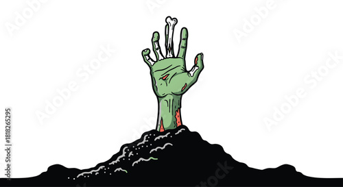 A creepy and cartoonish green zombie hand with an exposed bone reaching out from a pile of dirt on a white background.