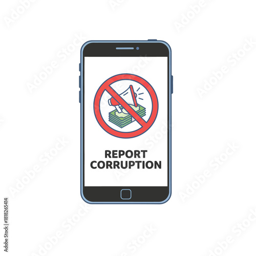 smartphone with a report-corruption alert symbol promoting public participation and transparency.