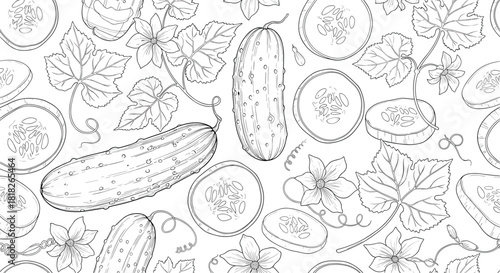 A detailed black and white seamless pattern of fresh cucumbers showing the whole vegetable slices leaves and climbing vines.